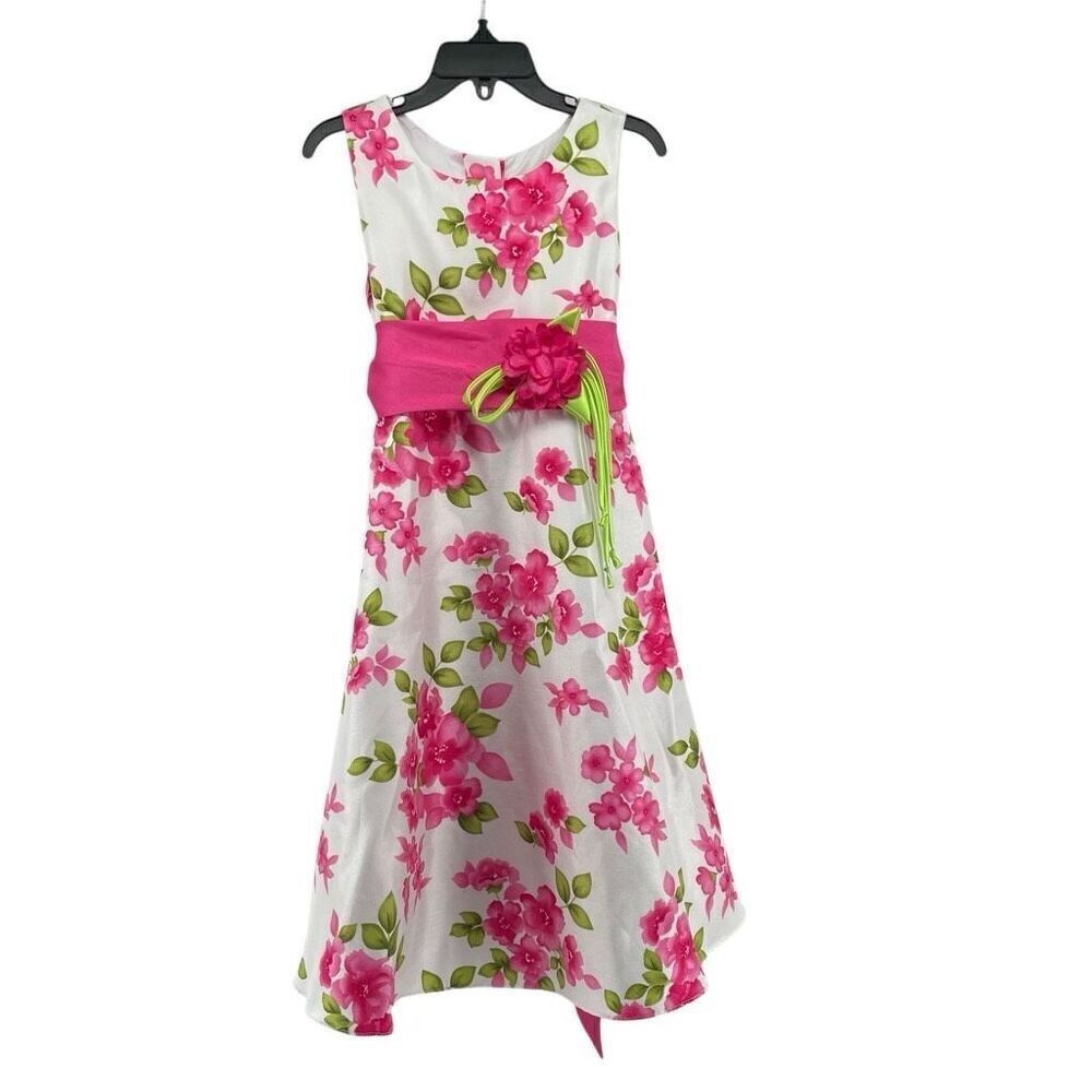 Emily West Girls Pink Green Floral Sleeveless Belted Formal A-Line Dress Size 7 - Picture 14 of 14